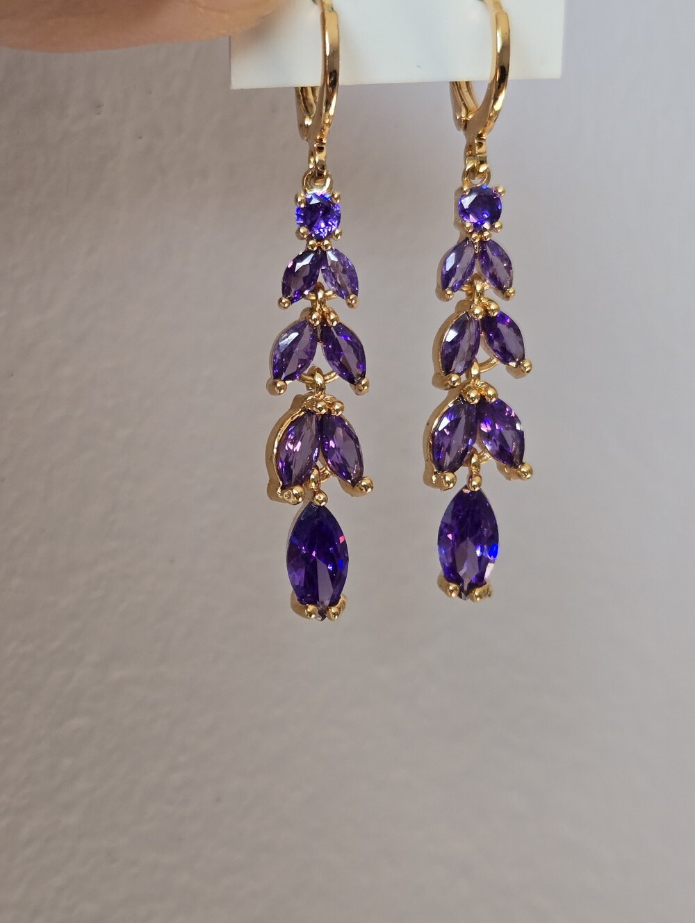 Long Purple Sparkly Leaves Earrings
